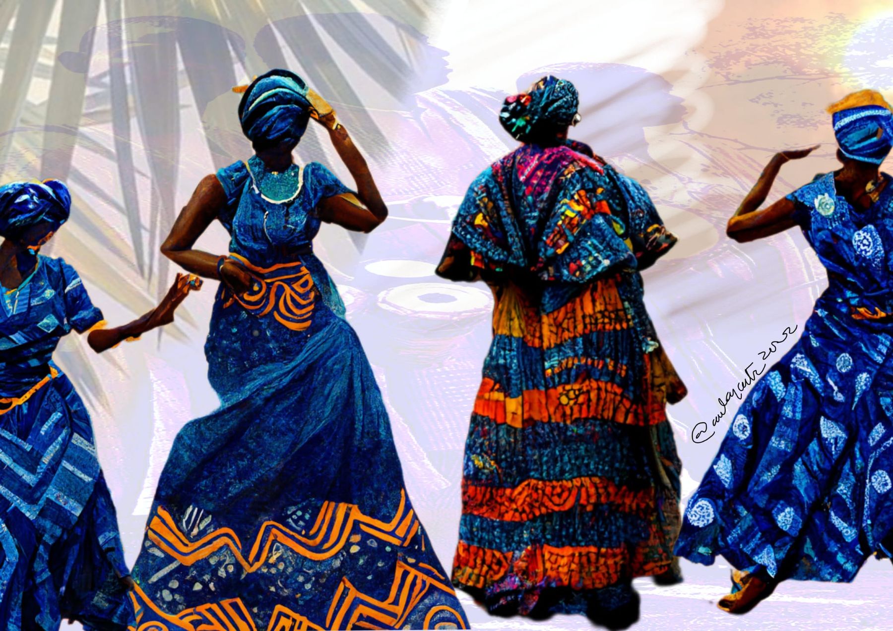 Sisterhood, digital illustration of four women in blue patterned dresses and head wraps